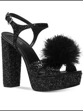 NWOT Michael Kors Fara Black Glitter Platform Sandal with Pom-Pom Size 8